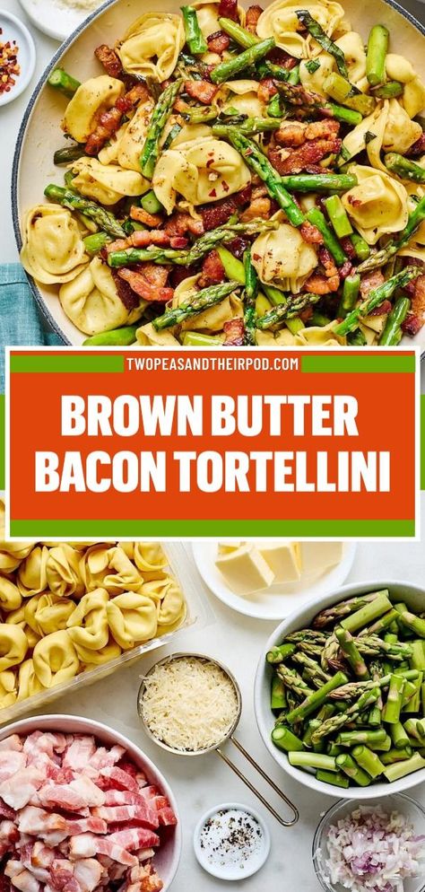 Here's a delicious dinner idea to try for tonight: Brown Butter Bacon Tortellini. It starts with cheese tortellini, bacon, asparagus, Parmesan cheese, and brown butter sauce. Pin this comfort food recipe! Browning Sauce Recipe, Bacon Tortellini, Cheese Tortellini Recipes, Bacon Asparagus, Easy Asparagus Recipes, Bacon Sauce, Brown Butter Sauce, Asparagus Bacon, Simple Pasta