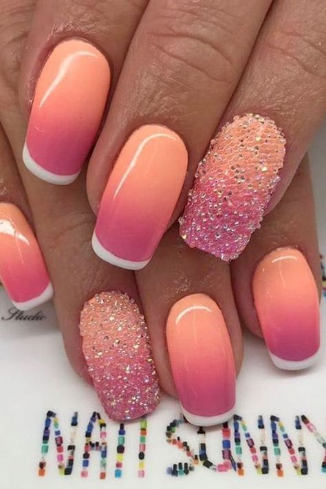 Summer 2024 Coral Nails: Bright Designs, From Neon Pink to Turquoise Coral Nail Designs, Simple French Tips, Neon Coral Nails, Peach Colored Nails, Coral Nails With Design, Coral Nail, Nails Bright, Summer Nail Polish, Pink Glitter Nails