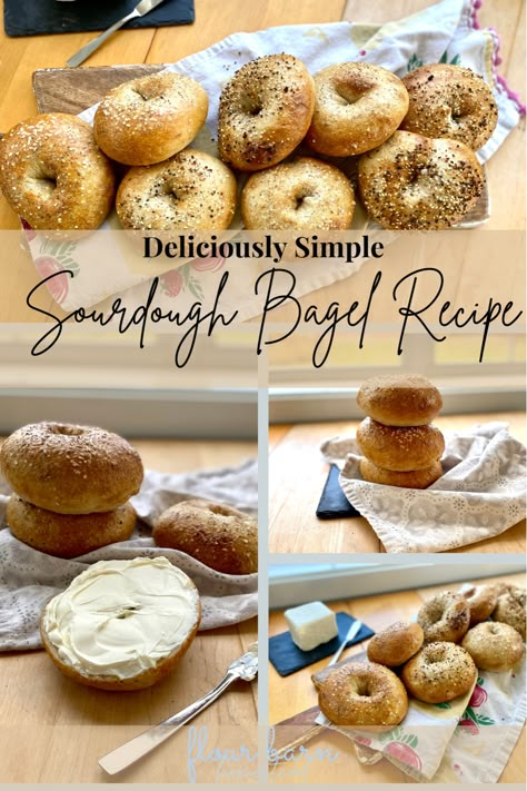 This Simple Sourdough Bagel recipe is both delicious and easy to make. They will quickly become a sourdough staple in your house. If you are looking for sourdough discard recipes or sourdough breakfast options, then this is the perfect recipe for you. Sourdough Bagel recipe, sourdough bagel flavors. easy sourdough bagel recipe, sourdough bagel recipe. Sourdough Bagel Recipes, Easy Sourdough Bagels, Pretzel Bread Bowl Recipe, Bread Recipes Without Yeast, Easiest Bread Recipe No Yeast, Flavored Sourdough, Bagels Recipe Homemade, Sourdough Bagels Recipe, Sourdough Discard Bagels