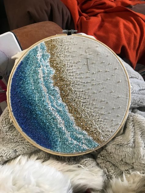 Sea Waves Embroidery, Punch Needle Ocean Pattern, Ocean Wave Embroidery, Beach Embroidery Ideas, Embroidery Ocean Patterns, Ocean Embroidery Ideas, Ocean Hand Embroidery, Underwater Embroidery Designs, Water Embroidery Ideas