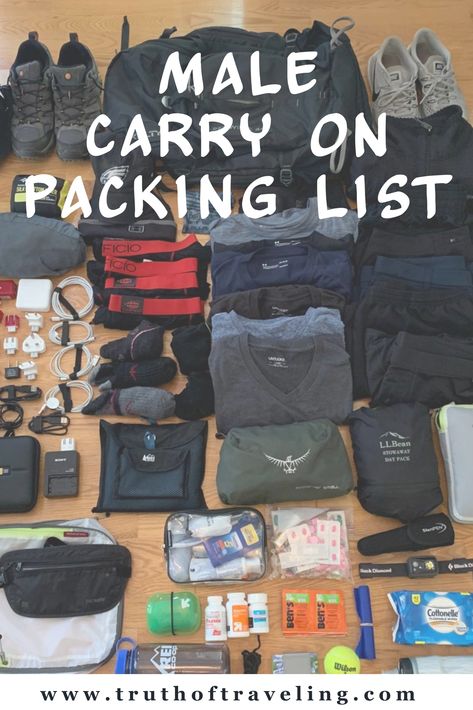 Packing for a trip can be really difficult! Here is my male carry on packing list including clothing, toiletries, camera gear and miscellaneous items! Packing Tricks, Carry On Packing List, Carryon Packing, Packing List Men, Packing For Europe, Carry On Packing, Packing Ideas, Backpack Organization, Long Term Travel