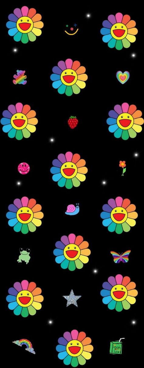 Murakami Flower, Flower Wallpaper, Wallpaper Iphone, Smiley, Rainbow, Iphone, Stars, Flowers, Black