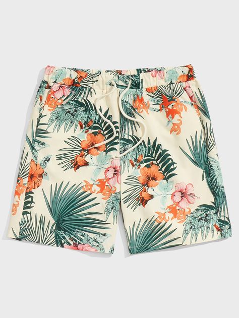 Multicolor Boho Collar  Fabric Tropical Straight Leg Embellished Non-Stretch  Men Bottoms Drawstring Waist Shorts, Boho Fabric, Hawaiian Shorts, Bandana Hairstyles, Print Shorts, Active Shorts, Loose Shorts, Vacation Beach, Stretch Shorts