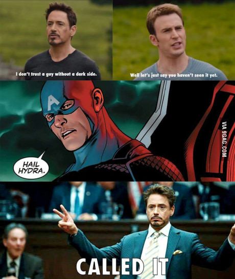 Tony knew it all along <<< I still don't like Hydra-cap :'( Hail Hydra, Superhero Memes, Funny Marvel Memes, Marvel Vs Dc, Avengers Memes, Marvel Jokes, Marvel Vs, Avengers Funny, Marvel Fan