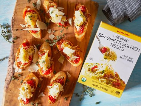 Spaghetti Squash Nests, Squash Crostini, Trader Joes Food, Trader Joes Recipes, Sauteed Veggies, Spinach And Feta, Trader Joe’s, Trader Joe, Trader Joe's