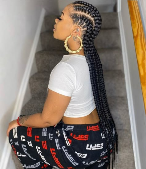 Big Feed In Braids Cornrows, 6 Big Cornrows Braids, Jumbo Feed In Braids Cornrows, Large Feed In Braids Cornrows, 4 Jumbo Cornrow Braids, Big Conrows Lines And Braids, Extra Long Cornrows Braids, Four Cornrows, Four Braids Hairstyles Black