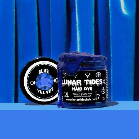 Get luxurious in our striking deep blue shade! Shop now at www.lunartideshair.com #lunartides #bluehair #hairdye Permanent Blue Hair Dye, Sky Blue Hair Dye, Dark Blue Hair Dye, Lunar Tides Blue Velvet, Mystic Blue Hair Color, Rockabilly Blue Manic Panic, Blue Hair Dye, Lunar Tide, Dyed Hair Blue