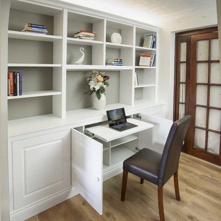 Like the concept of my work desk and storage being enclosed in the built in shelves that will possibly surround the piano. It would be nice to have those things tucked away when not in use so they don't take up a lot of space in room. A great use of space. Pull Out Desk, Hidden Desk, Office Built Ins, Kitchen Desks, Built In Cabinet, Muebles Living, Dining Room Storage, Built In Bookcase, Living Room Remodel