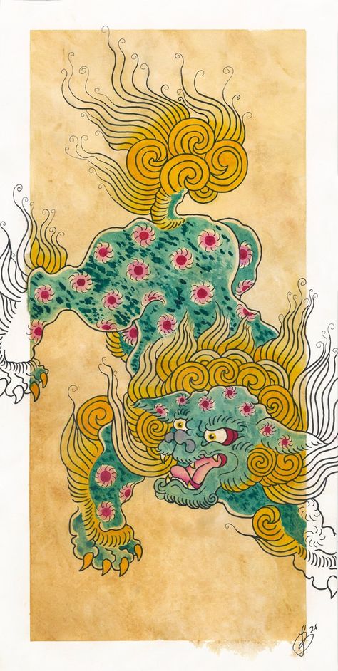 Fine Art Print 10x20 Fu Dog Guardian Lion Tattoo Watercolor Painting - Etsy Japanese Lion Dog Tattoo, Guardian Lion Tattoo, Japanese Dog Tattoo, Japanese Lion, Guardian Tattoo, Foo Dog Tattoo Design, Traditional Japanese Tattoo, Foo Dog Tattoo, Chinese Dog