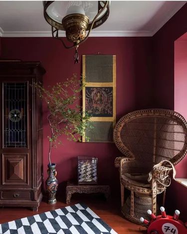 1960s Photography, Maroon Room, Shanghai Apartment, Waterfront Apartment, Maroon Walls, Burgundy Walls, Design Color Trends, Ford Pinto, Ruby Tuesday