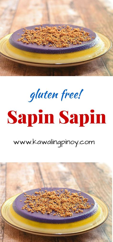 Sapin Sapin is a popular Filipino dessert made with rice batter flavored in three batches and then steamed in layers until soft and chewy Bibingkang Malagkit, Sapin Sapin Recipe, Filipino Sticky Rice, Filipino Pastries, Filipino Desert, Pinoy Kakanin, Filipino Kakanin, Pagkaing Pinoy, Kawaling Pinoy