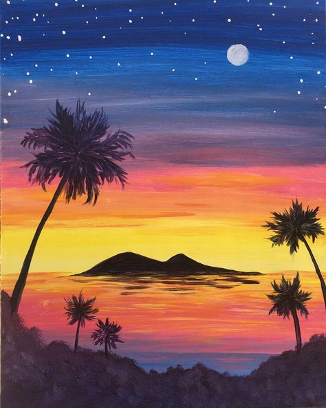 Goodness In You Paintings, Island Painting Easy, Sunset And Moon Painting, Sunset With Moon Painting, Island Painting Ideas, Vacation Painting, Island Drawing, Island Painting, Sunset Canvas Painting