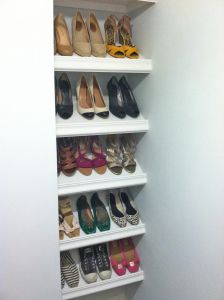 Designer Shoe Shelves on a Budget | SunshineandSawdust Slanted Shoe Shelves, Shoe Shelf In Closet, Diy Shoe Rack Ideas, Closet Diy, Diy Shoe Rack, Closet Shoe Storage, Diy Dresser Makeover, Shoe Rack With Shelf, Closet Renovation