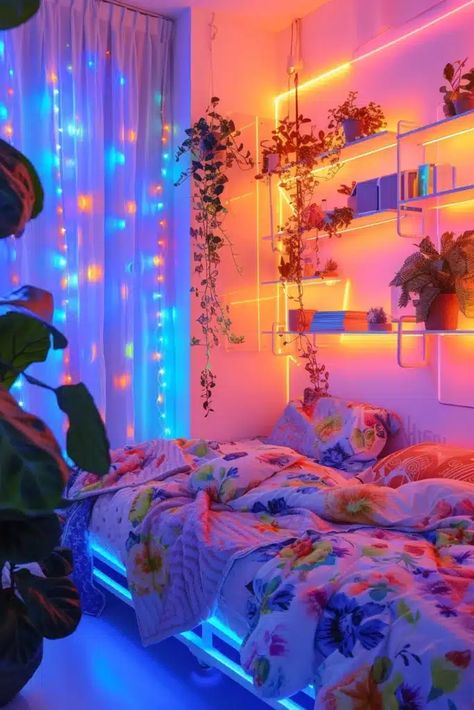 Neon Apartment Aesthetic, Neon Bedroom Ideas, Futuristic Bedroom Ideas, 60s Bedroom Decor, 60s Bedroom, Neon Room Decor, Neon Home Decor, Pretty Apartments, Neon Colour Palette