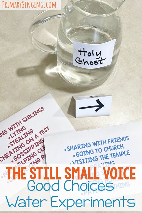 Try these cool The Still Small Voice Good Choices Experiments for a neat object lesson to help your primary children understand the role of the Holy Ghost while learning this Come Follow Me Book of Mormon song. #LDS #Primary #Singingtime #Musicleader #Bookofmormon Talk On The Holy Ghost Lds Baptism, Holy Ghost Talks For Baptism, Lds Holy Ghost Talk For Baptism, Holy Ghost Object Lesson, Holy Ghost Talk, Lds Object Lessons, Baptism Talk, Still Small Voice, Book Of Mormon Stories