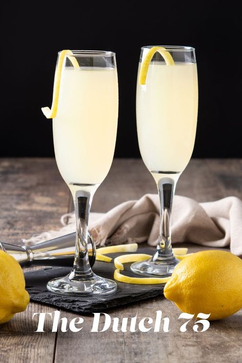 Two Dutch 75's garnished with a lemon twist. French 75 Recipe, Mixology Drinks, French 75 Cocktail, Most Popular Cocktails, Gin Lemon, Popular Cocktails, French 75, American Bars, London Dry Gin