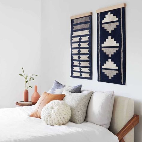 A framed rug is a modern way to add impact to walls. An alternative to prints, a framed rug makes for wall art with texture and style. Image from Pretty Prudent. Rug Hanger, Wood Rug, The Citizenry, Rug Wall Hanging, Rug Wall, Navy Rug, Decoration Inspiration, Handcrafted Wood, Fabric Wall