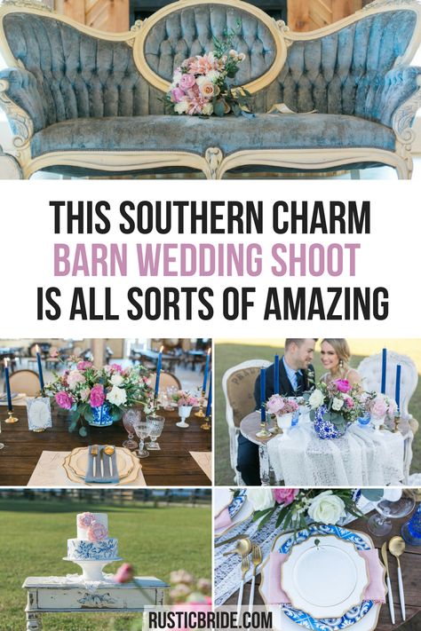 This Southern Charm Barn Wedding Styled Shoot Is All Sorts of Amazing via @rusticbride Southern Charm Wedding, Wedding Styled Shoot, Barn Wedding Venue, Blue And White Floral, A Barn, Southern Charm, Wedding Shoot, Barn Wedding, Styled Shoot