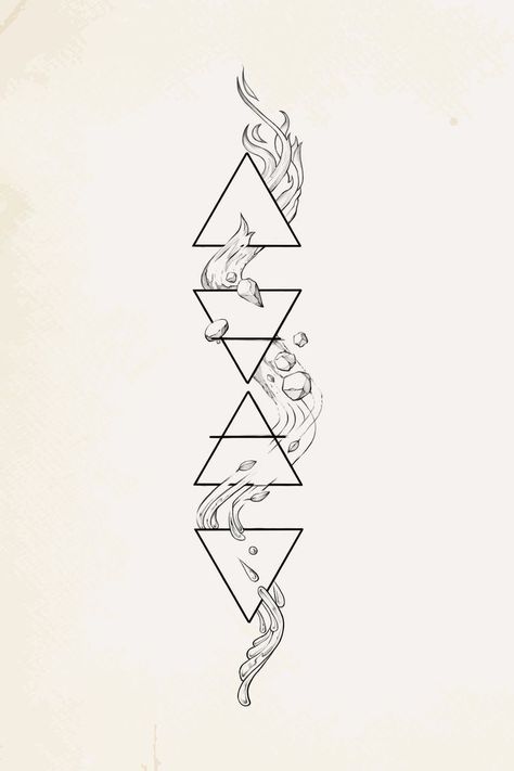 Elemental Triangles Tattoo, Elements Minimalist Tattoo, Elements Triangle Tattoo, The Elements Tattoo Ideas, Symbols For The Elements, 4 Elements Tattoo Design, Fine Line Elements Tattoo, Elemental Symbols Tattoo, Alchemy Elements Tattoo