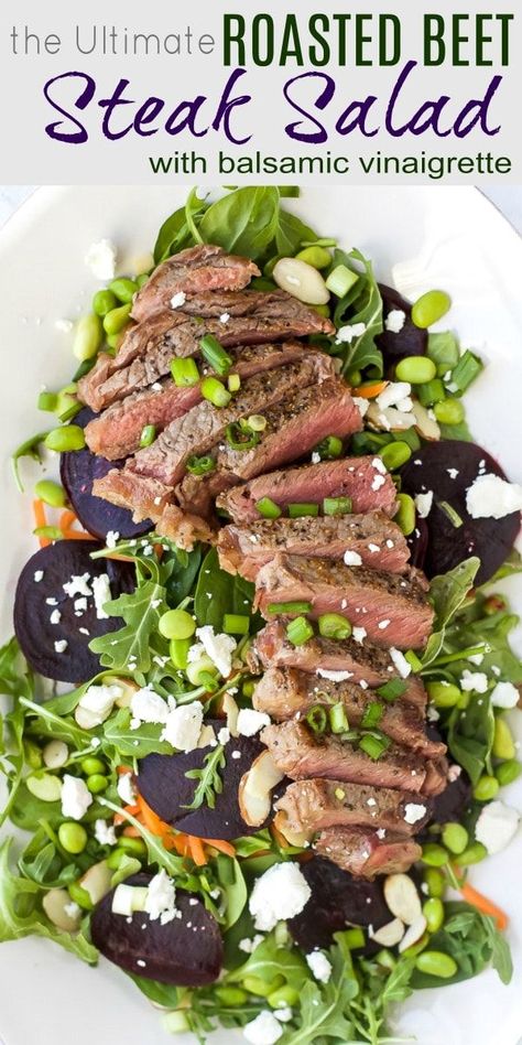 An epic 30 Minute Roasted Beet Steak Salad a new dinner favorite! This easy healthy salad is filled with fresh arugula, spinach, goat cheese, edamame, tender beets, topped with seared steak and drizzled with a balsamic vinaigrette. The perfect bite! #glutenfree #beetsalad Steak Salads, Spinach Goat Cheese, Steak Salad Recipe, 30 Minute Meals Healthy, Cold Lunch, Beet And Goat Cheese, New Dinner, Roasted Beet Salad, Macaroni Salad Recipe