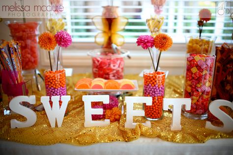 Orange Sweets, Pumpkins Wedding, Pew Decorations, Gold Graduation Party, Birthday Things, Candy Bar Wedding, Orange Baby Shower, Pumpkin Wedding, Sweets Table