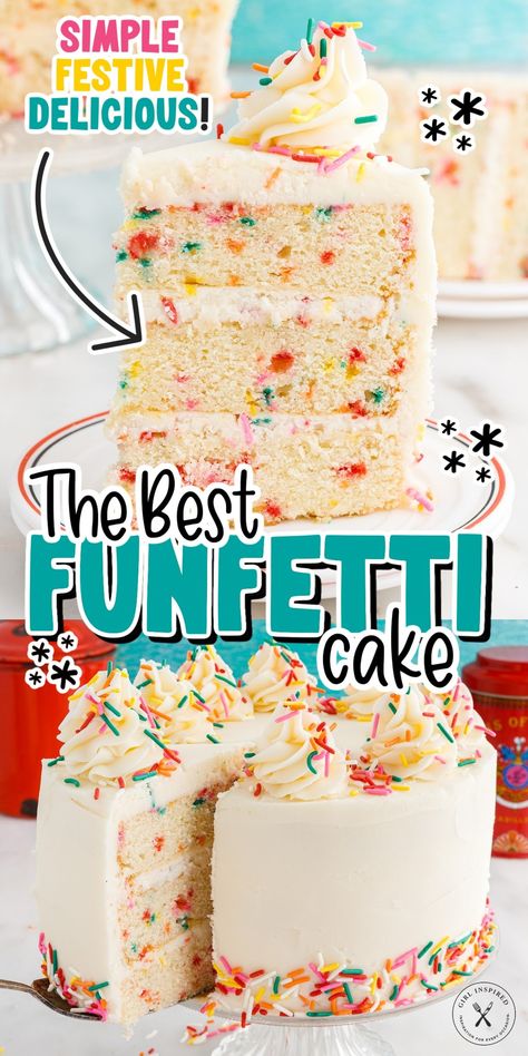 This homemade funfetti cake recipe is so simple to make, only requires pantry staples and rainbow sprinkles! Its a buttery vanilla cake, with flakes of color throughout and topped with a from scratch vanilla buttercream frosting. Funfetti Cake Mix Recipes, Vanilla Birthday Cake Recipe, Confetti Cake Recipes, Homemade Funfetti Cake, Funfetti Cake Recipe, Fluffy Vanilla Cake, Vanilla Birthday Cake, Sprinkles Recipe, Funfetti Cake Mix