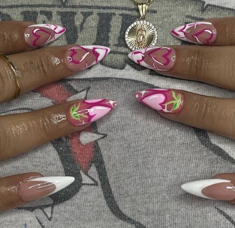 Almond Nails Pink And White, Strawberry Nails Acrylic, Strawberry Nails Designs, Pink And White French Tip, White Heart Nails, Coral Acrylic Nails, Pink And White French, Nails Pink And White, Strawberry Nail Art