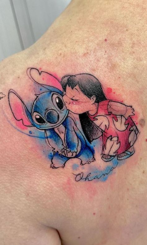 Mother Daughter Tattoos Lilo And Stitch, Lili And Stitch Tattoo, Stich Tatoos Girl, Stitch Tattoos For Women, Lilo And Stitch Tattoo Ideas, Lilo Stitch Tattoo, Ohana Tattoos, Stitch Tattoo Ideas, Scratch Tattoo