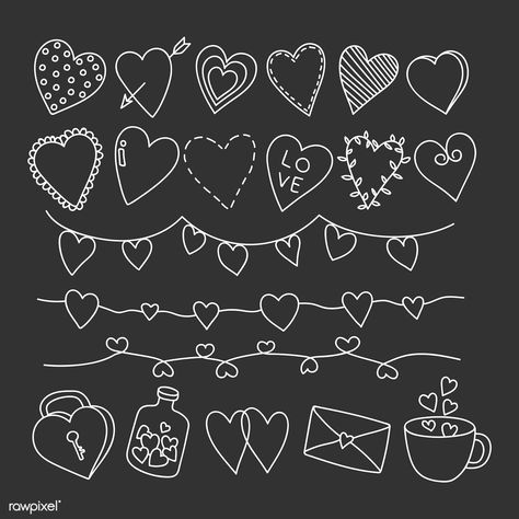 Hand drawn love and valentine's day doodle vector collection | premium image by rawpixel.com / marinemynt 1 Year Relationship Scrapbook, Doodles For Scrapbook, Valentine Chalkboard Ideas, Valentine Chalkboard Art, Scrapbook Doodles, Draw Heart, Valentines Day Doodles, Valentines Day Drawing, Valentines Scrapbook