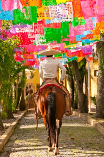 =Mexico: Charro with colorful papel picado banners in the background. Mexican Heritage, Destination Wedding Mexico, South Of The Border, Wallpapers Iphone, Mexican Culture, Mexico Wedding, Mexican Style, My Heritage, Mexican Art