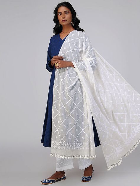 White Chikankari Embroidered Cotton Dupatta Fusion Tops, Dupatta Designs, White Dupatta, Cotton Tops Designs, Lehenga Saree Design, Dresses By Pattern, Simple Kurta Designs, Simple Kurti Designs, Long Kurti Designs