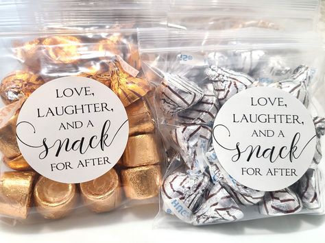 "Love laughter and a snack for after. Perfect  wedding favors for guests in bulk. DIY favor kit with 1.9\" stickers and clear bags. Just peel and stick! Each sticker is a 1.9 inch circle and precut on a 8.5x11\" sheet. Permanent adhesive with a glossy finish. If you need an amount not listed please contact me.  Bags are food safe material compliant. Choose top zip closure or bottom peel and seal. The bottom seal bags can have the seal overlapped to be made smaller. Need larger stickers? Please a Wedding Favor Snacks, Wedding Favors Bags, Rehearsal Dinner Favors, Sweet Wedding Favors, Cheap Wedding Favors, Wedding Snacks, Candy Wedding, Inexpensive Wedding Favors, Candy Wedding Favors