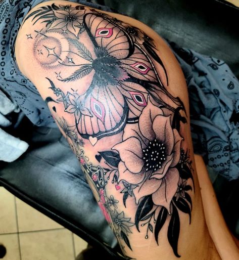 Moth Thigh Tattoo Women, Moth Hip Tattoo, Floral Hip Tattoo Thigh Piece, Moth Thigh Tattoo, Full Buttcheek Tattoo Women, Large Thigh Tattoo, Women Hip Tattoos, Tattoo Thigh Piece, Bum Tattoo Women