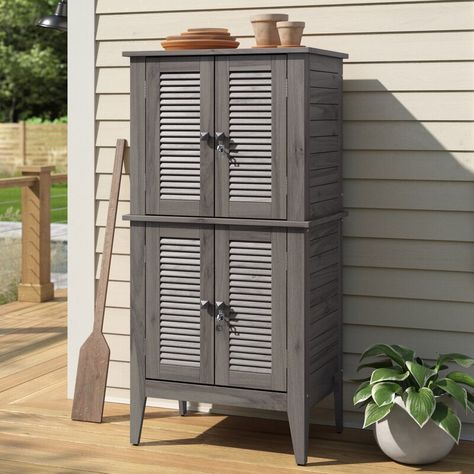 Sand & Stable™ Amagansett 195.05 Gallons Gallon Water Resistant Acacia Solid Wood Cabinet with Lock & Reviews | Wayfair.ca Pool Toy Organization, Louvered Door, Porch Storage, Farmhouse Flair, Outdoor Cabinet, Deck Storage, French Gray, Patio Storage, Solid Wood Cabinets