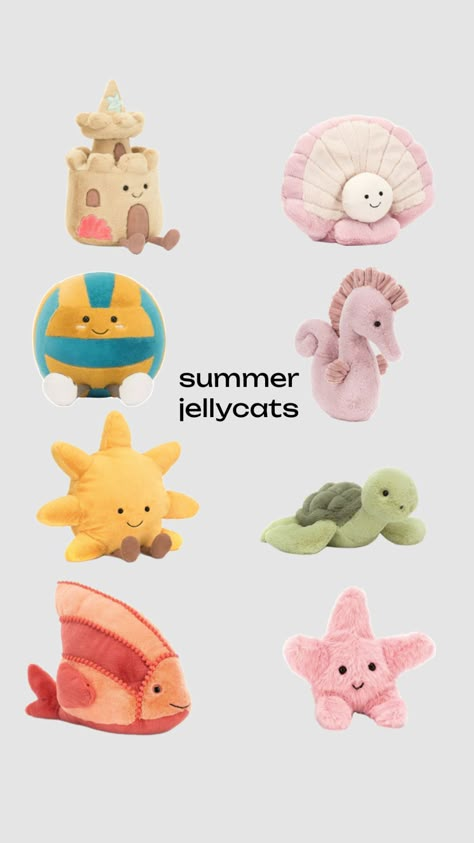 #jellycat #summer Jelly Cat Sand Castle, Sand Castle Jellycat, Jelly Cats Cute, Shark Jellycat, Summer Jelly Cats, Beach Jellycat, Summer Jellycats, Preppy Jellycat, Summer Shuffles