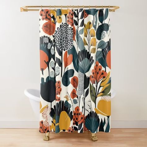 Contemporary Nature Pattern Shower Curtain Mid Century Modern Bathroom Retro Decor - Etsy Israel Bathroom Retro, Mid Century Modern Bathroom, Abstract Shower Curtain, Modern Shower Curtains, Nature Pattern, Boho Bathroom, Cottage Life, Upstairs Bathrooms, Pattern Shower Curtain