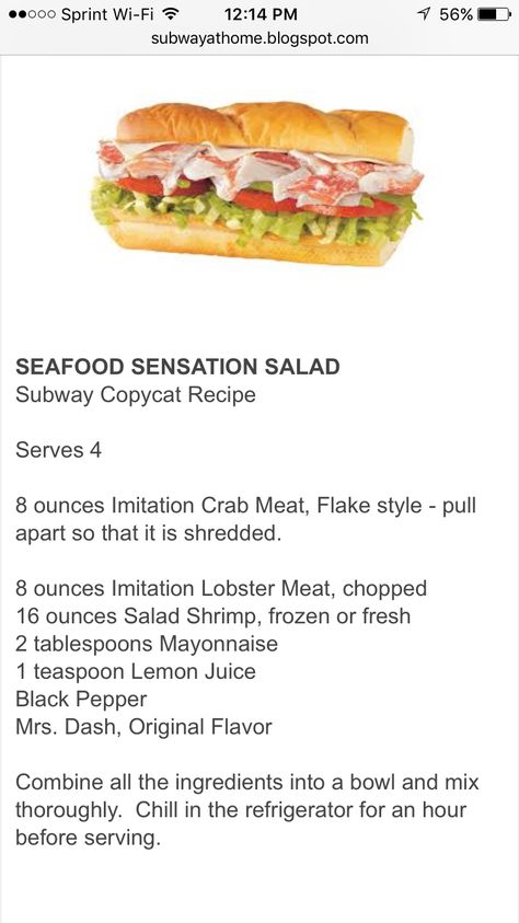 Seafood Sensation Subway, Subway Seafood And Crab Recipe, Subway Crab Salad Recipe, Subway Seafood Sensation Recipe, Subway Recipes, Seafood Sandwich, Seafood Sandwiches, Pizza Sandwich Recipe, Crab Salad Recipe