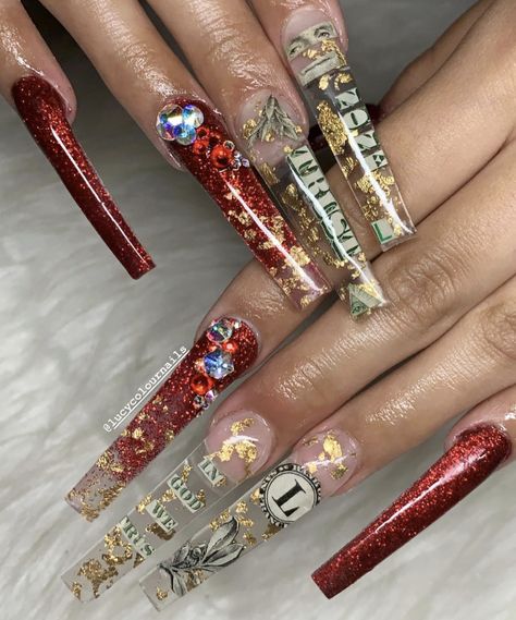 Best Birthday Nails, Red Money Nails, Long Money Nails, Money Bag Nails Designs, Money Sign Acrylic Nails, Junk Nails Christmas, Encapsulated Money Nails, Money Nails Designs, Money Nails