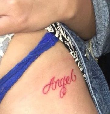 The Name Angel Tattoo, Red Ink Name Tattoo, Cutesie Tattoos, Angel Name Tattoo, Lily Tattoo Design, Red Ink Tattoos, Lily Tattoo, Red Tattoos, Tattoo Script