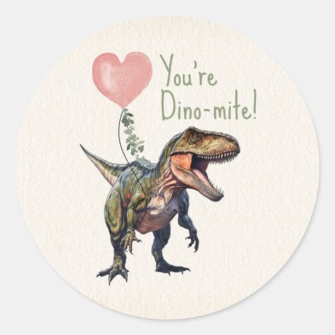 "Dino-mite" valentine theme featuring illustration of a dinosaur with pink heart shaped balloon. Personalize the text. Green Classroom, Valentine Theme, Classroom Valentine, Green Heart, A Dinosaur, Round Stickers, Gift Wrapping Supplies, Hat Crafts, Gaming Wall Art