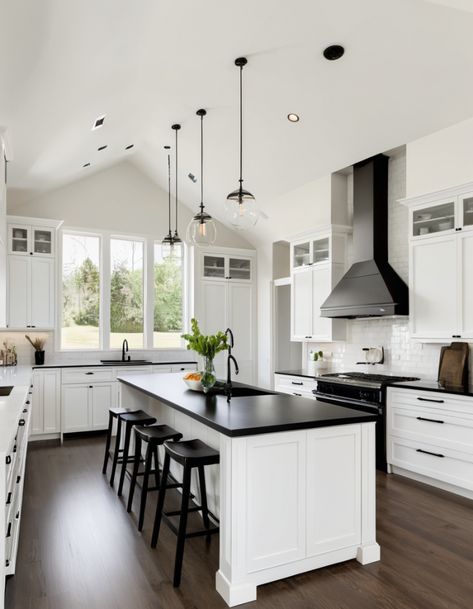 53 White Kitchen Ideas To Brighten And Modernize Your Space Modern Kitchen With Dark Countertops, Two Tone Kitchen Black And White, White Kitchen With White Walls, Black And White Pantry Ideas, Black And White Countertops Kitchen, White Cabinets Black Granite Kitchen, Dark Floor Kitchen Ideas, White Kitchen Dark Countertops, White And Black Kitchen Ideas