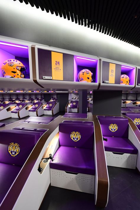 LSU's New Locker Room — UNISWAG College Football Locker Room, Lsu Wallpaper, Nfl Locker Room, Football Locker Room, Nfl Design, Lsu College, Williams College, Football Motivation, Future Board