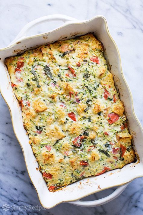 Zucchini Breakfast Casserole ~ Savory zucchini casserole with eggs, ricotta cheese, Parmesan, plum tomatoes, bread, and basil. Zucchini ricotta strata. ~ SimplyRecipes.com Eggs Ricotta, Basil Zucchini, Recipe Using Zucchini, Zucchini Ricotta, Zucchini Breakfast, Eggs Florentine, Zucchini Tomato, Zucchini Casserole, Shredded Potatoes