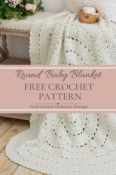 Beautiful circular baby blanket draped over a vintage side table. It's a neutral white color and is crochet from a free crochet pattern that's available in 5 sizes. Blanket Designs Crochet, Crochet Lacy Blanket Pattern Free, Bohemian Baby Blanket Crochet Pattern, Circle Crochet Pattern Blanket, Blessing Blanket Crochet, Circular Blanket Crochet Pattern, Circle Crochet Pattern Free, Kristen Holloway Designs, Speckled Yarn Crochet Patterns