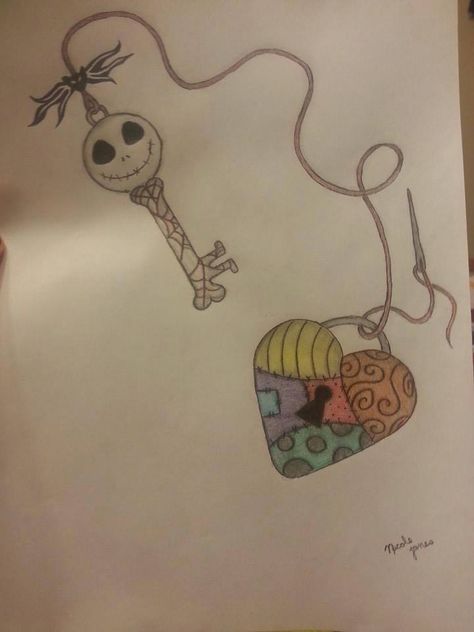 Jack and Sally Tattoo idea Sally Tattoo Nightmare Before Christmas, Nightmare Before Christmas Tattoo Sally, Sally Stitches Tattoo, Jack Skellington And Sally Tattoo, Jack And Sally Tattoo Couple, Disney Key Tattoo, Jack And Sally Drawing, Sally Drawing, Jack And Sally Tattoo