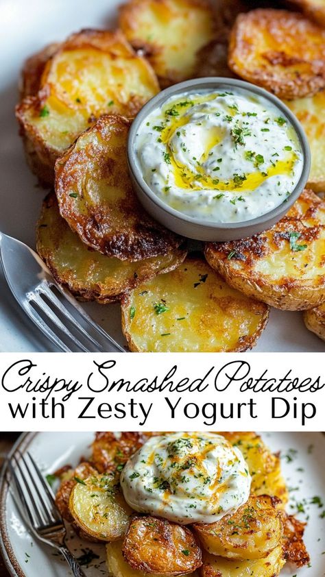 Crispy Smashed Potatoes meet a flavorful yogurt dip in this irresistible recipe! With a perfect golden crust and soft interior, these potatoes are a fantastic side, made even better by the zesty, creamy dip. Ideal for any occasion. Golden Potato Recipes, Garlic Yogurt, Smashed Potatoes Recipe, Potato Appetizers, Crispy Smashed Potatoes, Garlic Dip, Yogurt Dip, Creamy Dip, Smashed Potatoes