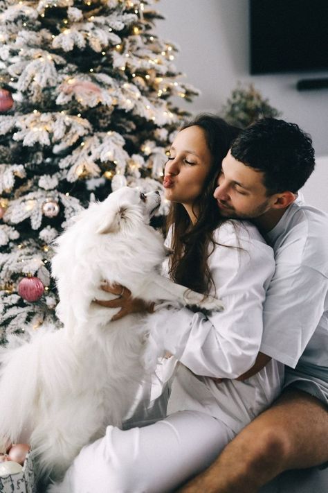 Couples Christmas Pictures With Dog, Christmas Photos With Dogs, Xmas Couple Photos, Christmas Photography Couples, Couples Holiday Photos, Indoor Christmas Photos, Diy Christmas Photoshoot, Dog Family Portraits, Dog Christmas Pictures