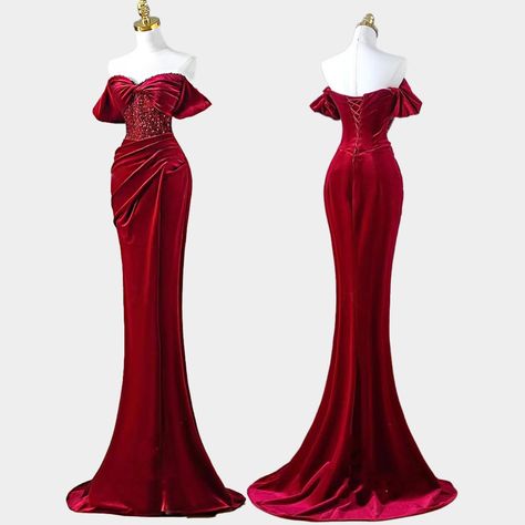 Red Off-Shoulder Mermaid Long Evening Dress Wedding... - Depop 1920s Prom Dress, Red Mermaid Tail, Dark Red Prom Dress, Evening Dress Wedding, Cocktail Prom Dress, Red Mermaid, Prom 2024, Long Evening Dress, Prom Ideas