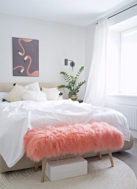 Living Coral Faux Fur Bench Neutral White Bedroom How to Decorate with Living Coral Pantone's Color of the Year Neutral White Bedroom, Mongolian Lamb, Deco Studio, White Bedroom Furniture, Living Coral, Neutral Living Room, Bench Ottoman, White Living Room, White Furniture