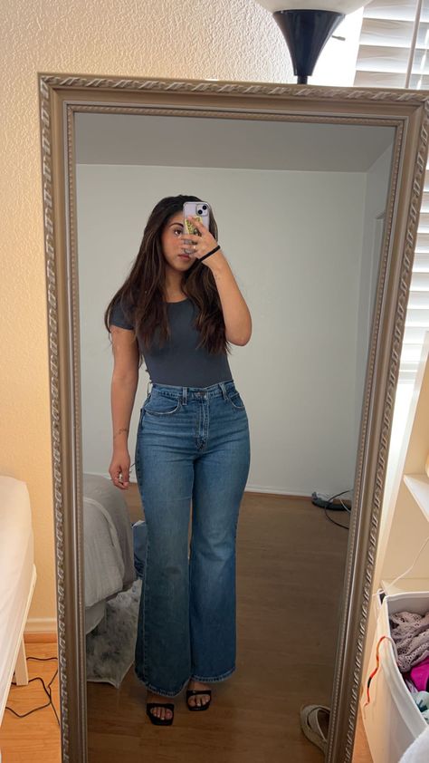 i love me some basics :) this top is actually a bodysuit from a boutique called “tenshoppe”, jeans are Levi’s 70s flare, & heels are steve madden ✨ Bodysuit And Flare Jeans, Bodysuit Flare Jeans, Flare Jeans And Heels, Flare Heels, Jeans Heels Outfit, Girly Fits, Flair Jeans, Jeans With Heels, Heels Outfits